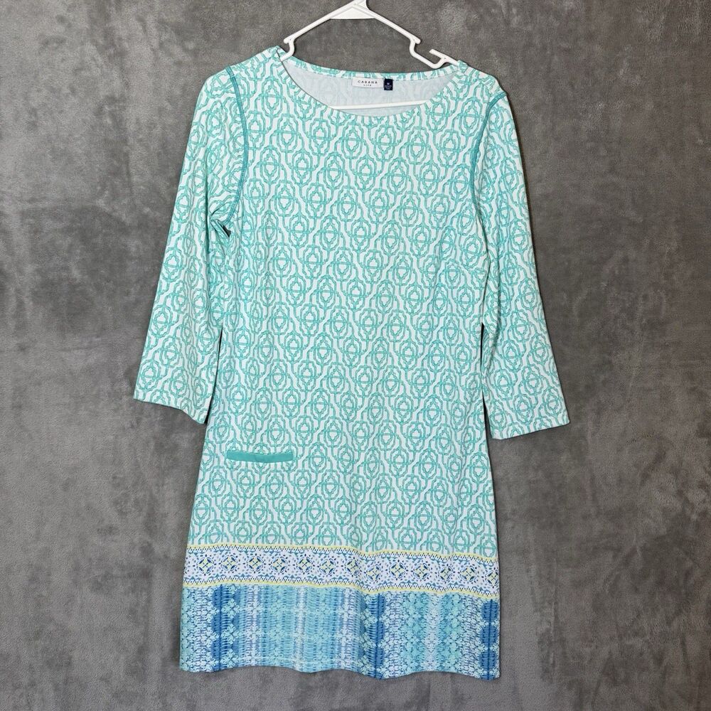 Cabana Life Women's M Blue Geometric Print 3/4 Sleeve Tunic Beach Cover Up UPF